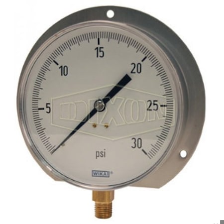 Dixon Contractor Pressure Gauge, 0 to 30 psi, 1/4 in Connection, 4-1/2 in Dial, +/- 1 % 4277768-0001